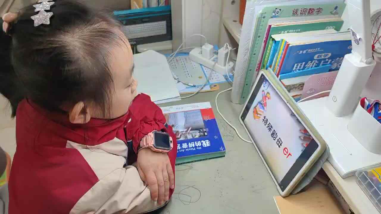 2025年12月8日学前B班谭诗锜观看拼音艺术课堂56页视频《特殊韵母er》