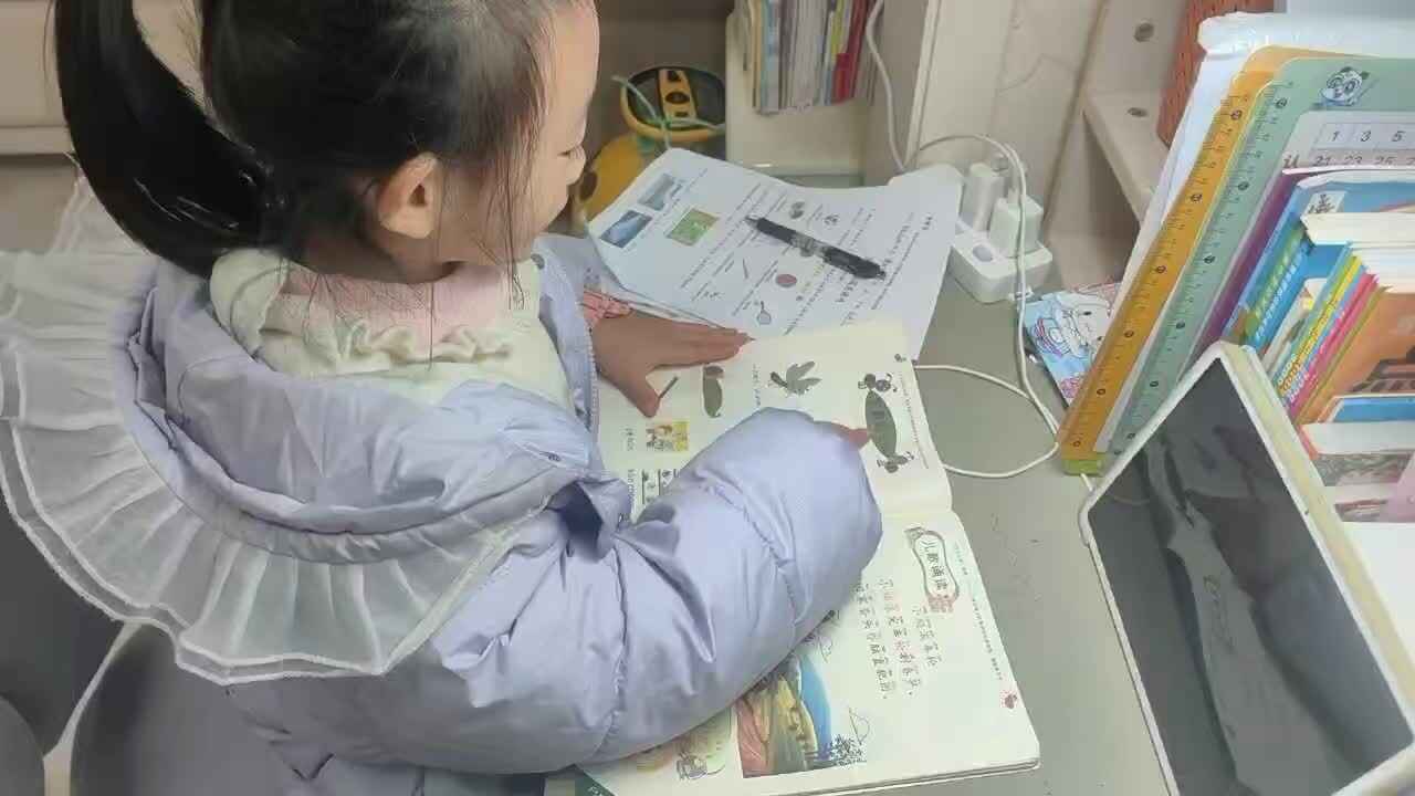 ⁣⁣⁣⁣⁣2026年1月23日学前B班谭诗锜指读拼音书（二）56-63页的内容